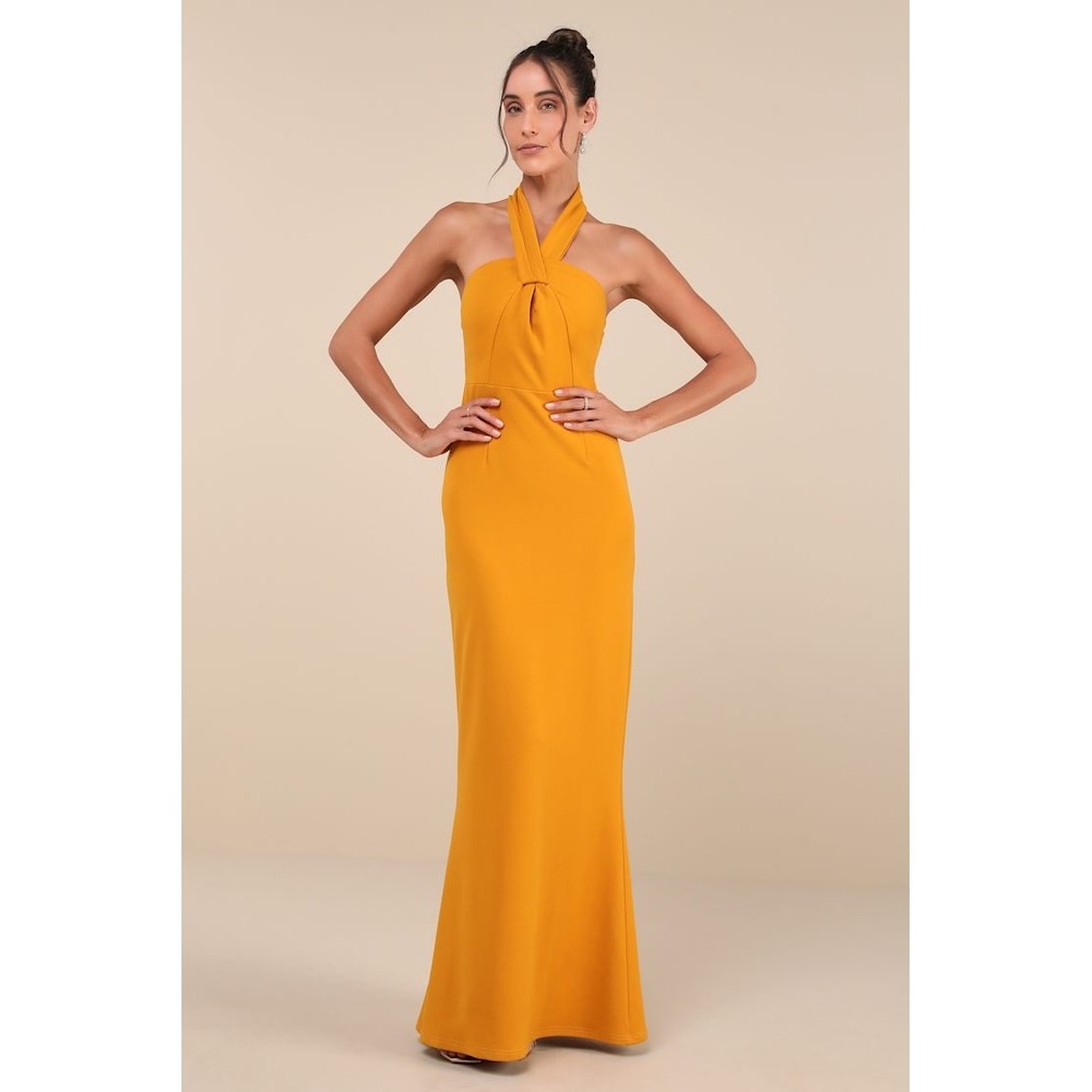Lulus Halter Maxi Dress Mustard Yellow Twisted Knot Backless Gown XS NWT